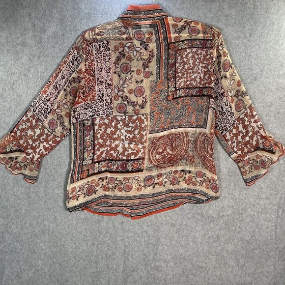 Nicola Blouse Women Medium Pink Black Beige Sheer Boho Button up flowers western - Picture 9 of 11